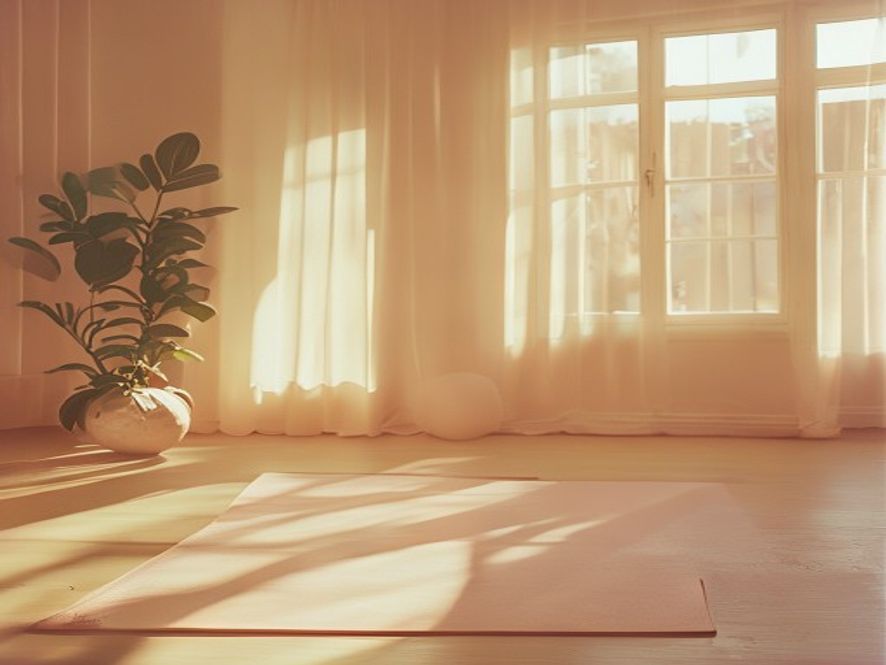 Stille, lyst rom med bevegelsesmatte og naturlys fra vindu