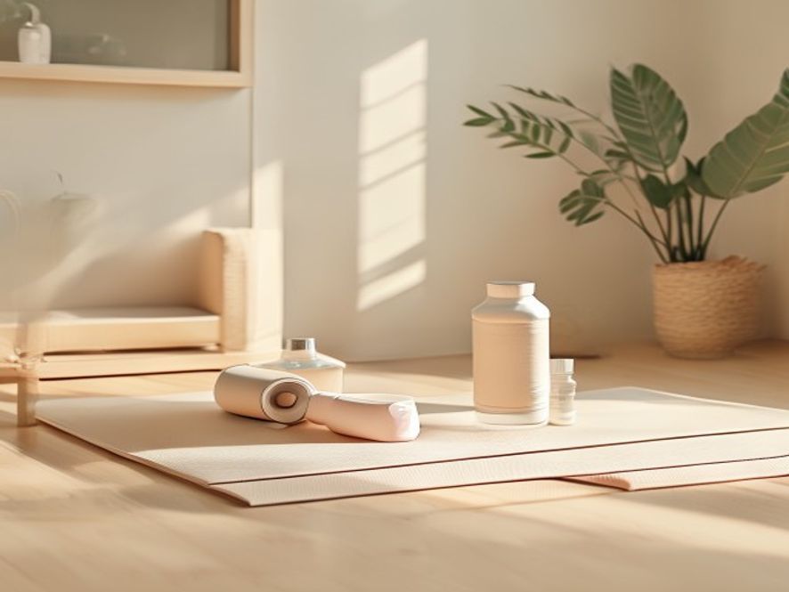 Stille yogamatte med høyttalere og drikkekopp på en lyst treningsstudio