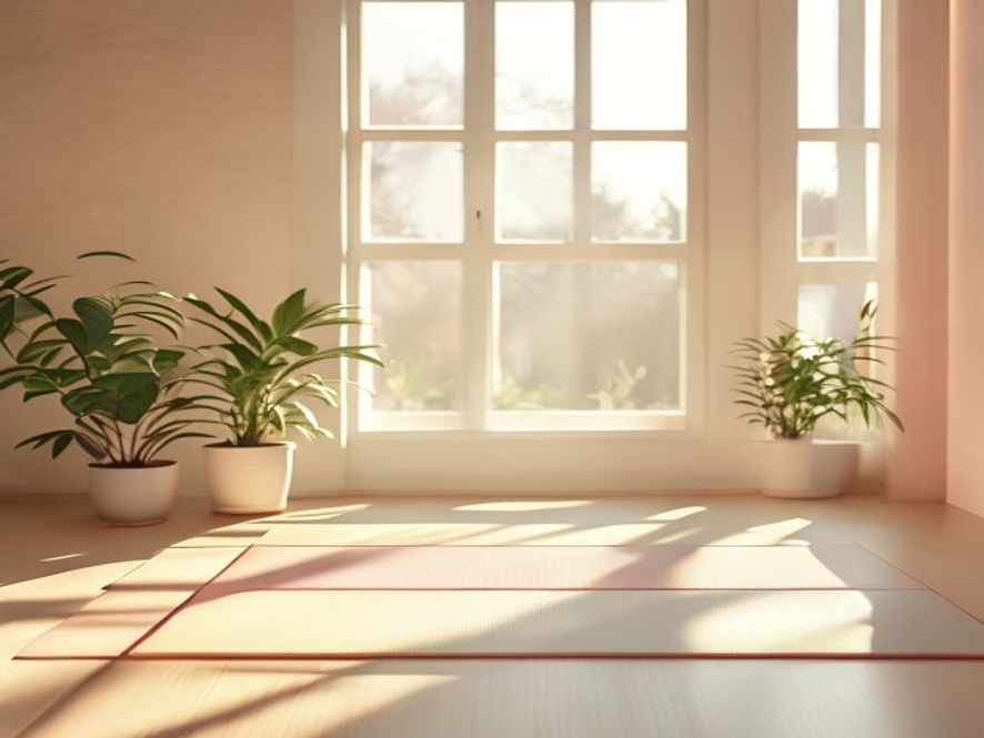 Minimalistisk rom med treningsmattte og naturlig lys, klart og rolig